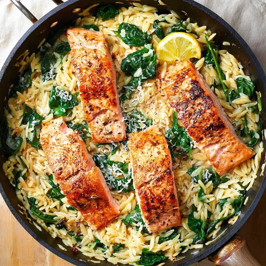 one skillet salmon lemon orzo dish garnished with herbs