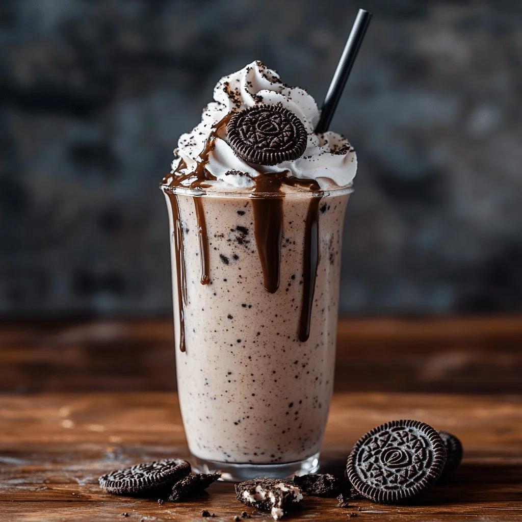 Delicious Oreo Frappuccino topped with whipped cream and Oreo cookie crumbles