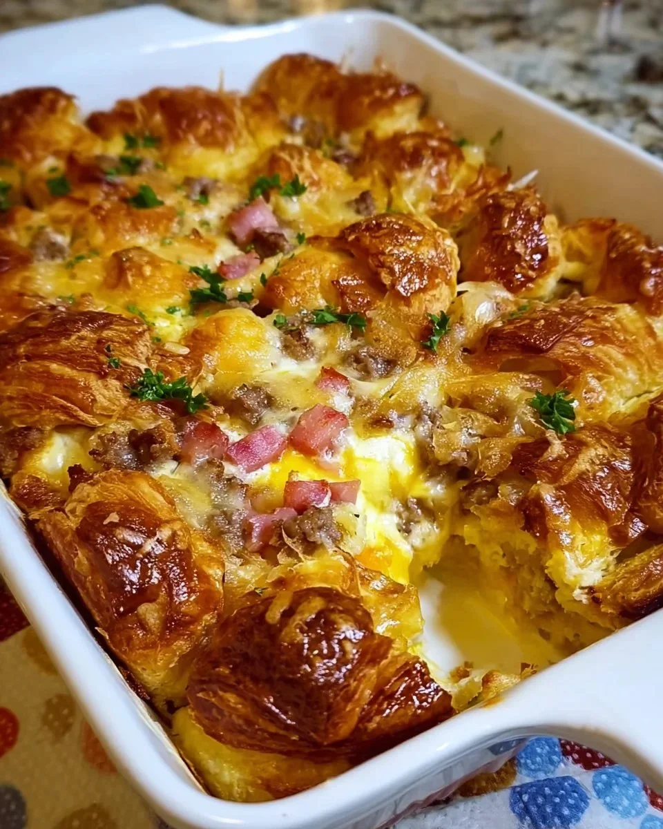 Delicious overnight croissant casserole served in a dish
