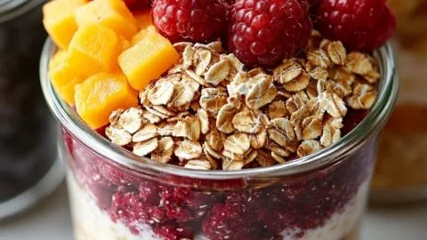 Bowl of colorful overnight oats topped with fresh fruits and nuts