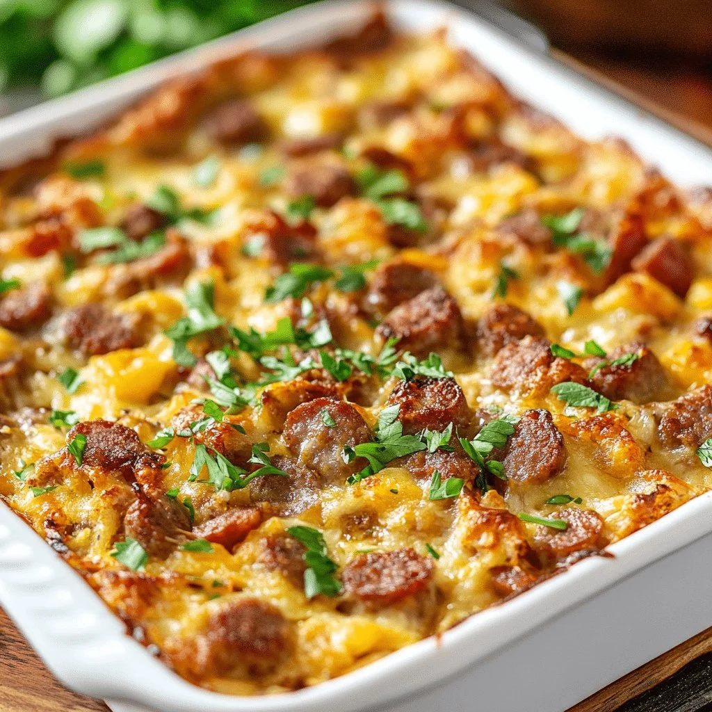 Delicious Overnight Sausage Breakfast Casserole baked with eggs and cheese