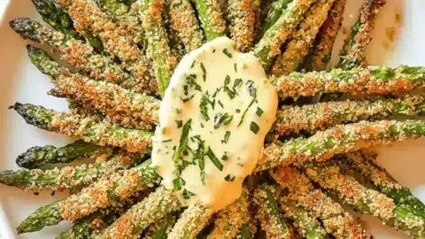 Parmesan Crusted Asparagus Spears on a plate, garnished and ready to eat