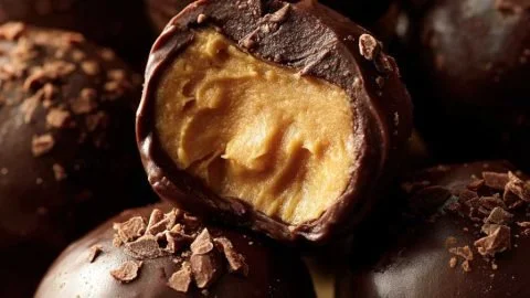 Homemade peanut butter balls arranged on a plate, topped with chocolate.