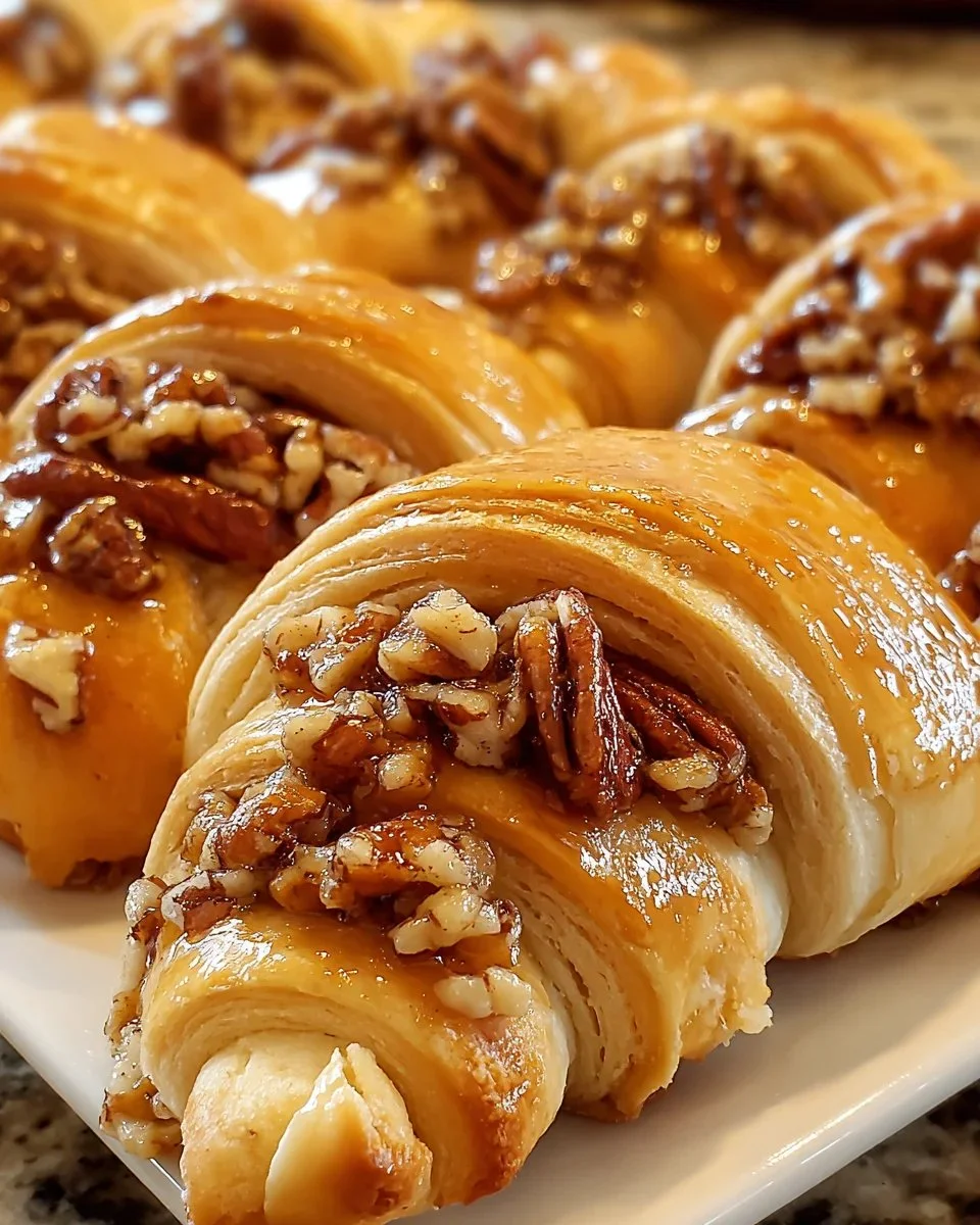 Homemade pecan pie crescent rolls on a decorative plate.