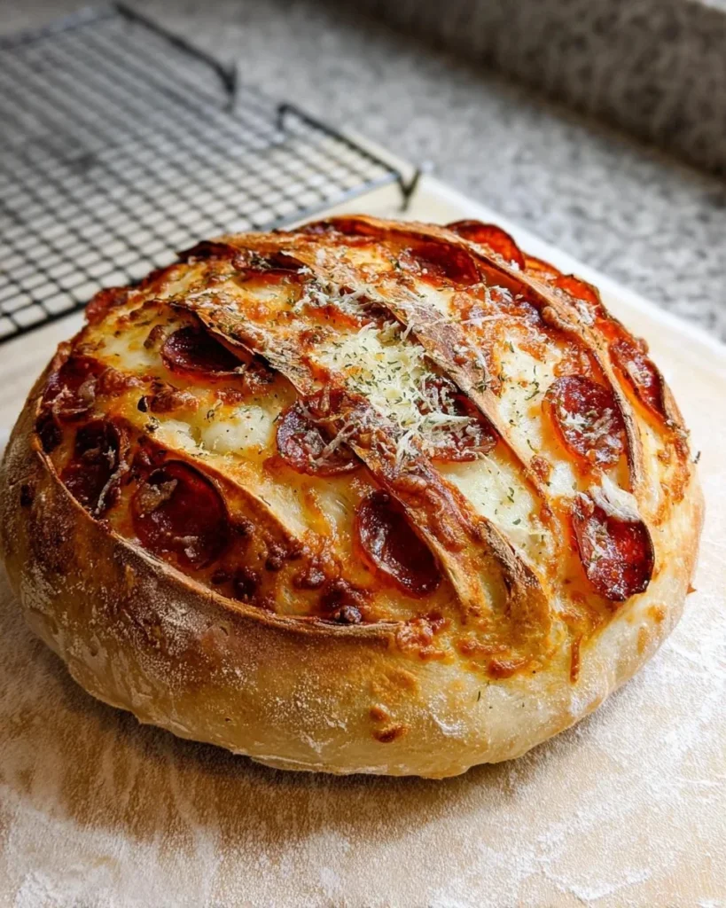 Pepperoni pizza sourdough bread with melted cheese and pepperoni slices