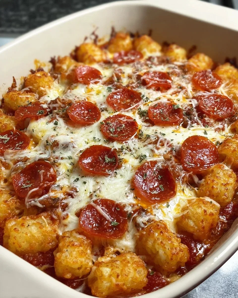 Pepperoni Pizza Tater Tot Casserole topped with mozzarella cheese and pepperoni slices