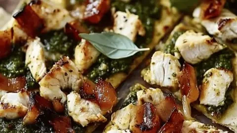 Delicious Pesto Chicken Flatbread garnished with fresh herbs and cheese