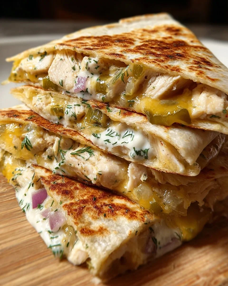 Delicious pickle-brined chicken quesadillas served on a plate.