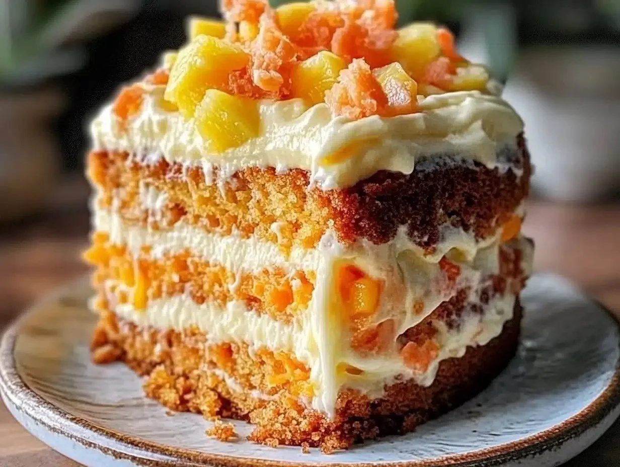 Moist Pineapple Carrot Cream Cake topped with cream and tropical fruit decorations