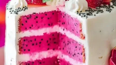 Pink Dragon Fruit Layer Cake topped with vibrant pink frosting and fresh fruit slices.
