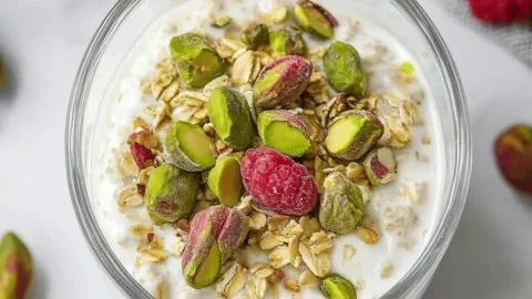 Bowl of creamy pistachio overnight oats topped with nuts and fresh fruit