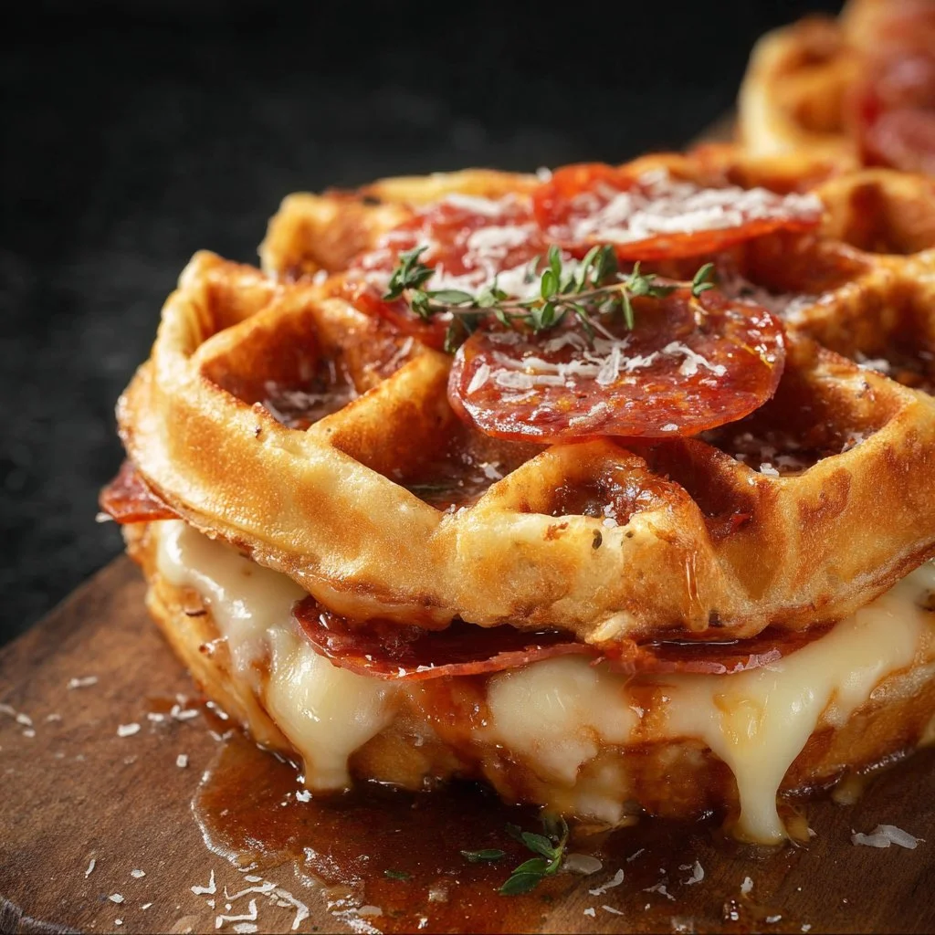 Delicious pizza stuffed waffles served on a plate with colorful toppings.