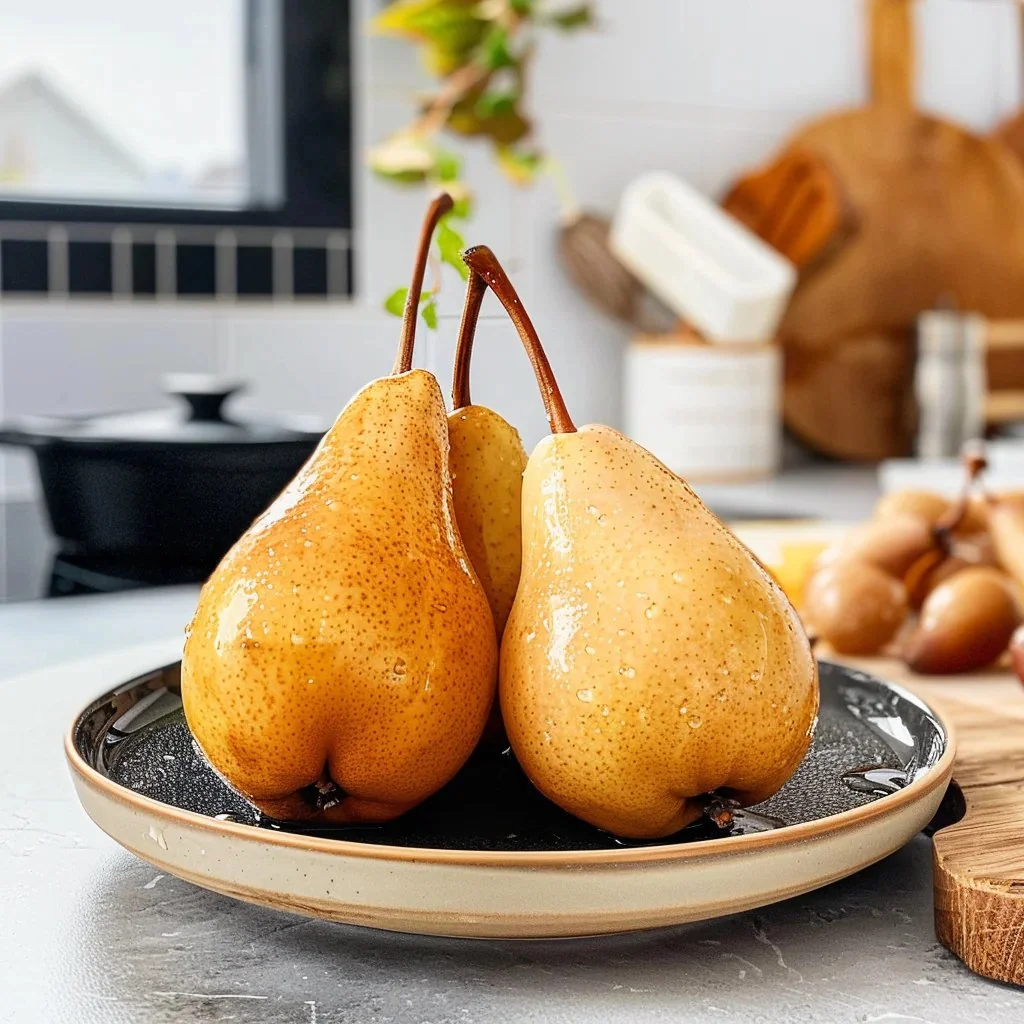 Deliciously poached pears served in a dessert bowl with syrup