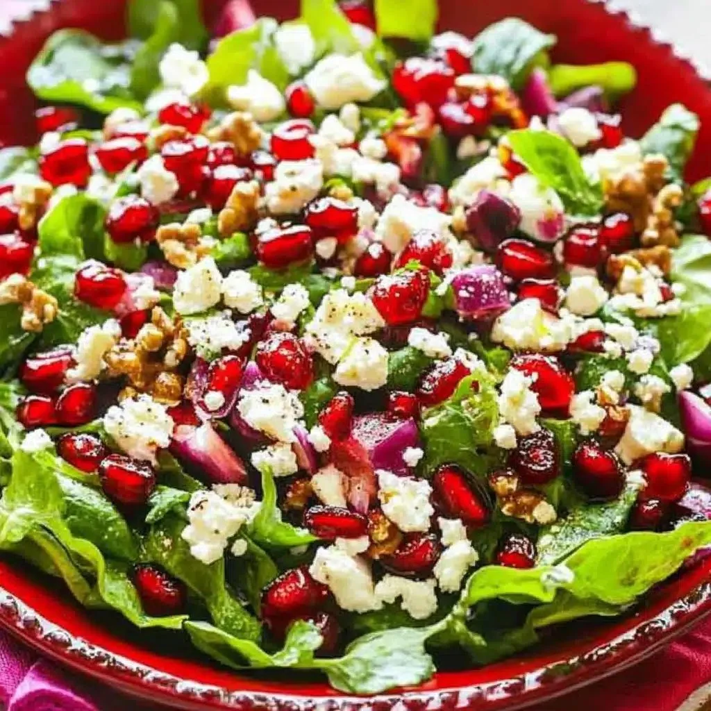 Colorful pomegranate feta salad with fresh greens and holiday ingredients
