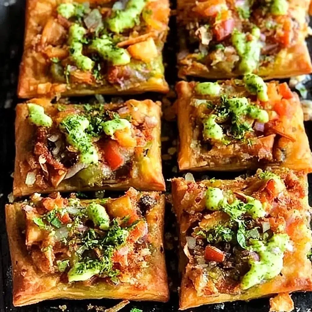 Puff Pastry Samosa Chaat topped with yogurt, chutney, and spices for a modern twist.