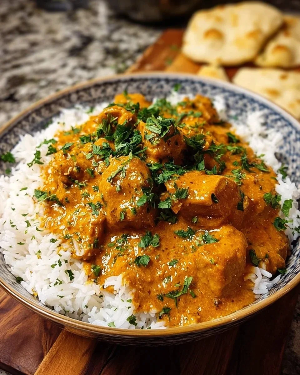 Delicious pumpkin butter chicken served with rice and herbs