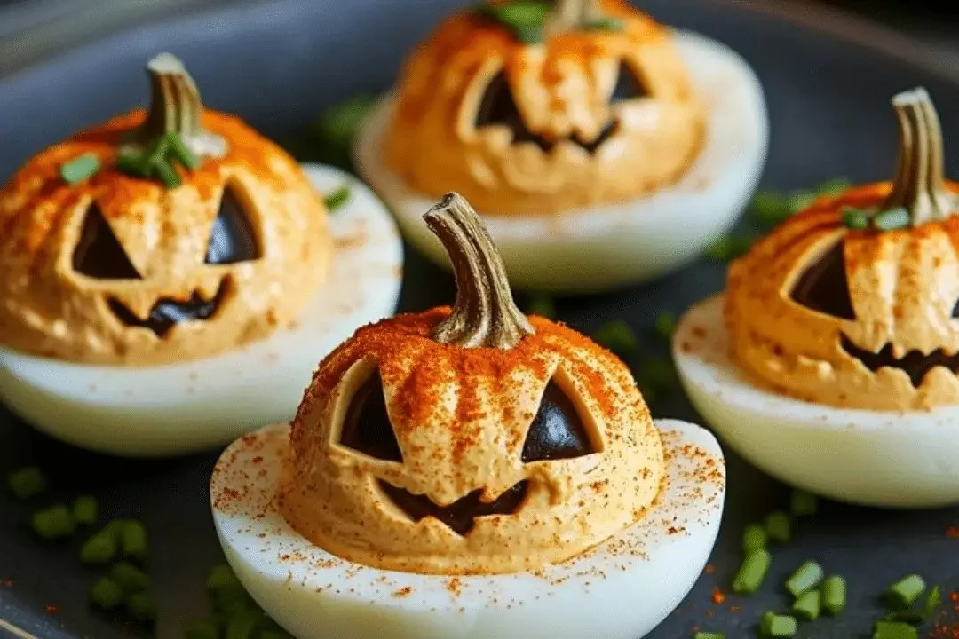 Delicious Pumpkin Deviled Eggs garnished with spices and herbs