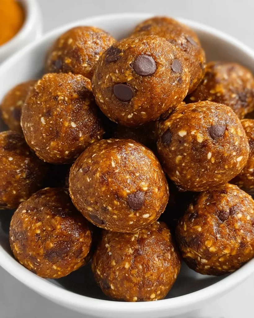 Homemade Pumpkin Energy Balls ready to enjoy as a healthy snack.
