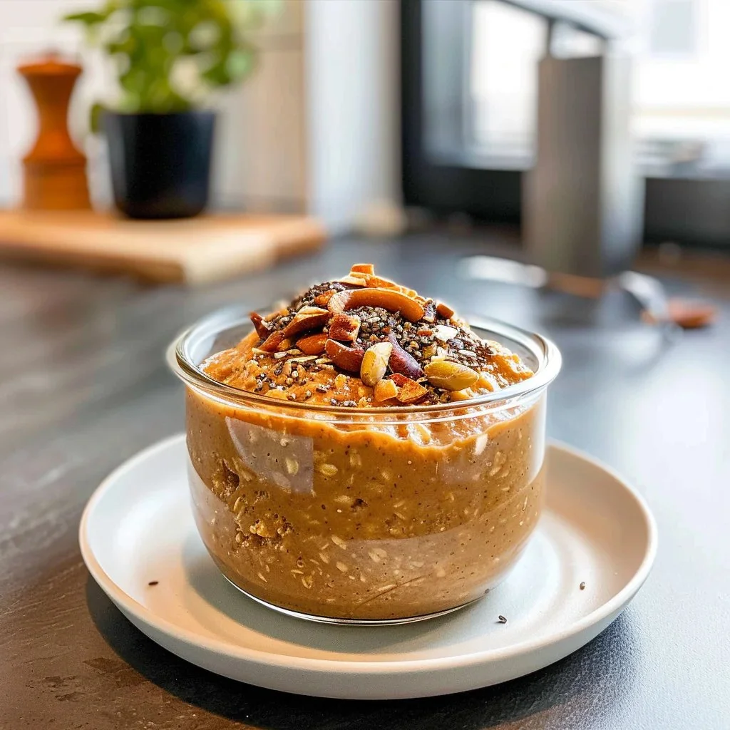 Bowl of creamy Pumpkin Overnight Oats topped with nuts and spices