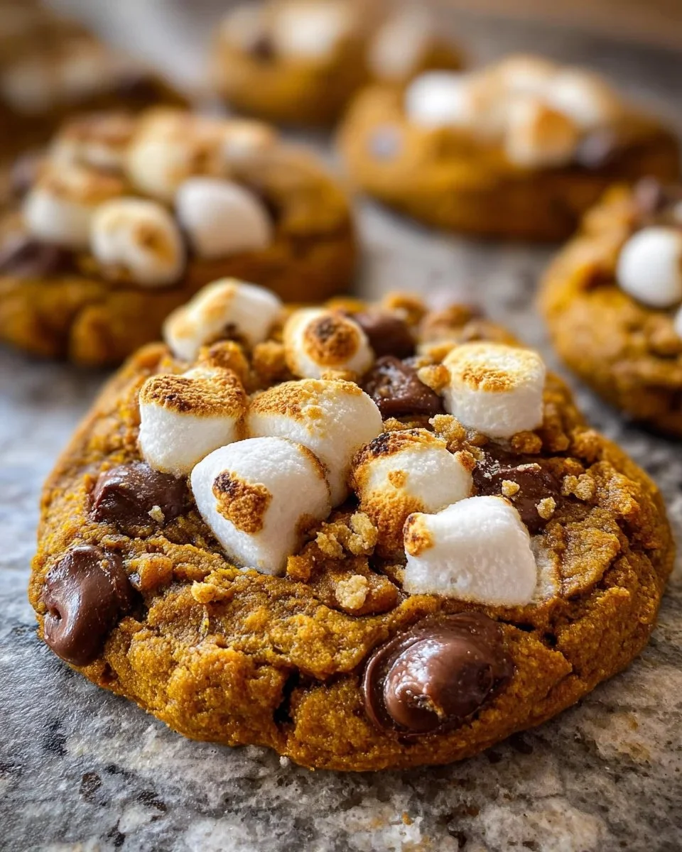 Delicious Pumpkin S’mores Cookies with chocolate and marshmallow topping