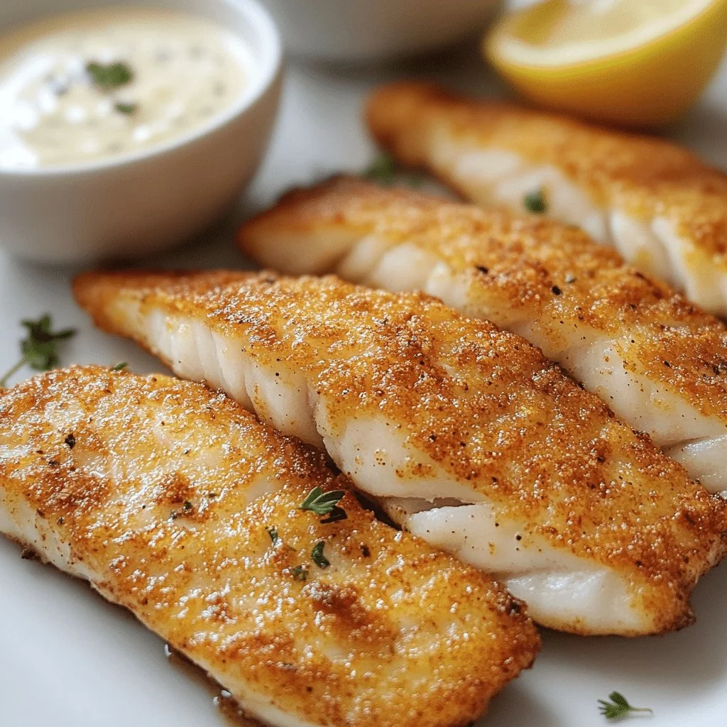 Crispy air fryer fish fillets served on a plate with lemon and herbs