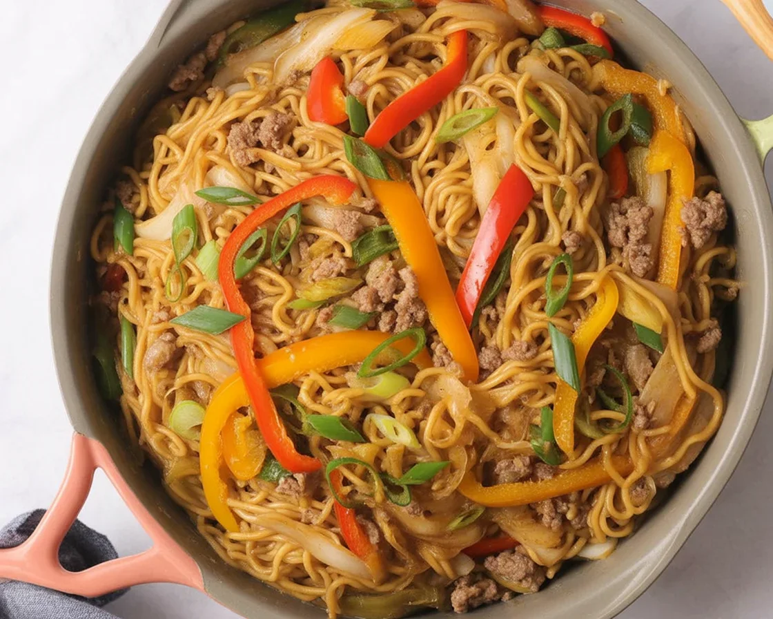 Delicious Chicken Ramen Stir Fry with colorful veggies in a homemade sauce.