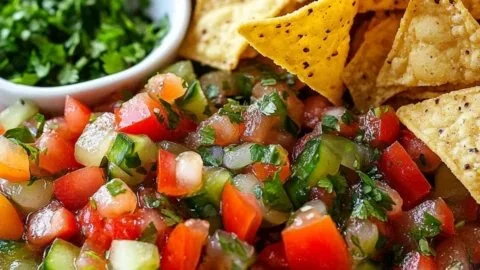 Bowl of Quick Pickle De Gallo with fresh vegetables and herbs