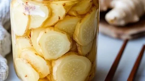 Bowl of quick pickled ginger slices for sushi and Asian dishes