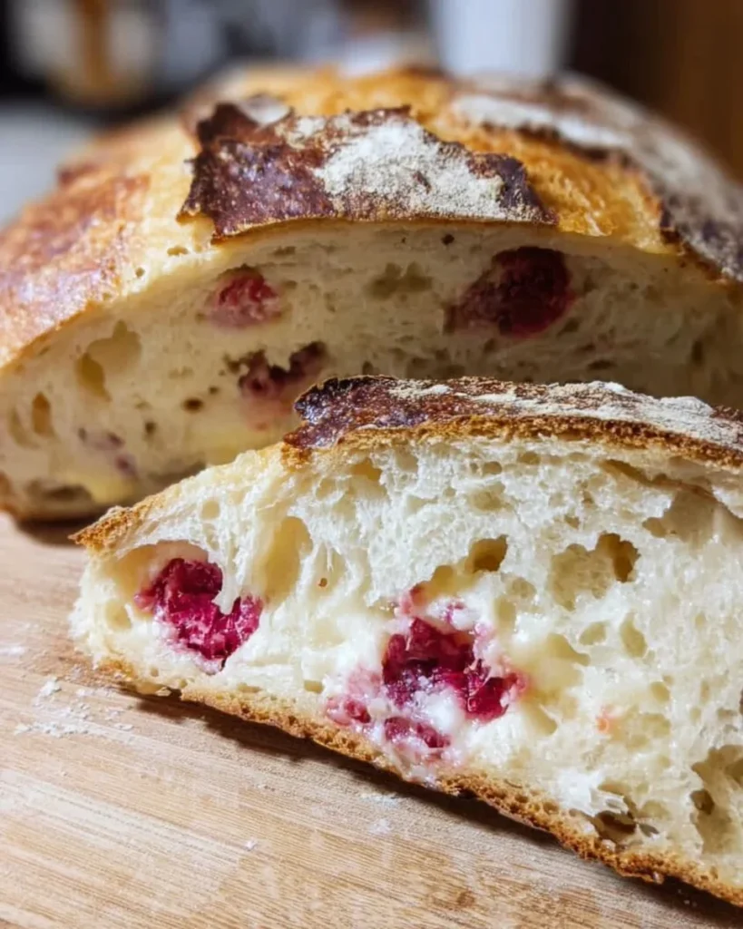 Slice of raspberry cheesecake sourdough bread with fresh raspberries