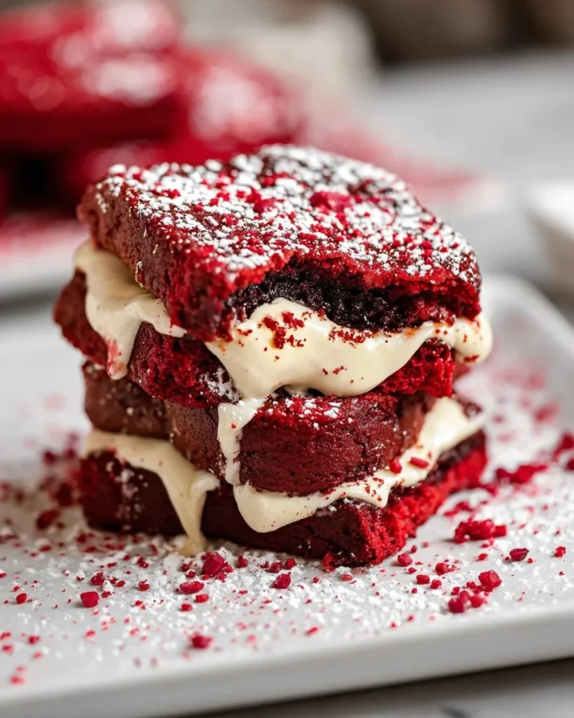 Delicious red velvet French toast topped with cream cheese icing and strawberries.