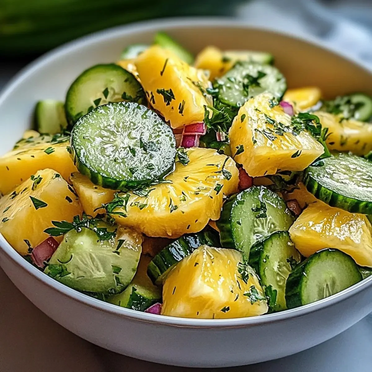 A vibrant bowl of refreshing pineapple cucumber salad with herbs and bright colors.