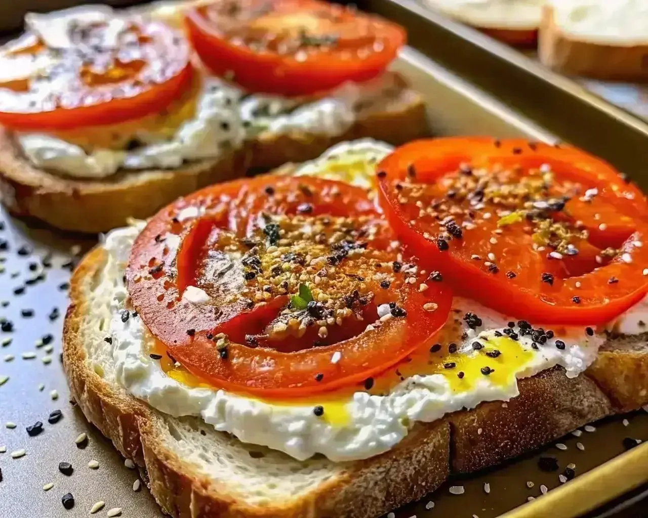 Ricotta Tomato Toast on sourdough bread garnished with fresh basil