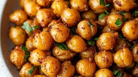 Bowl of crispy roasted chickpeas seasoned with spices