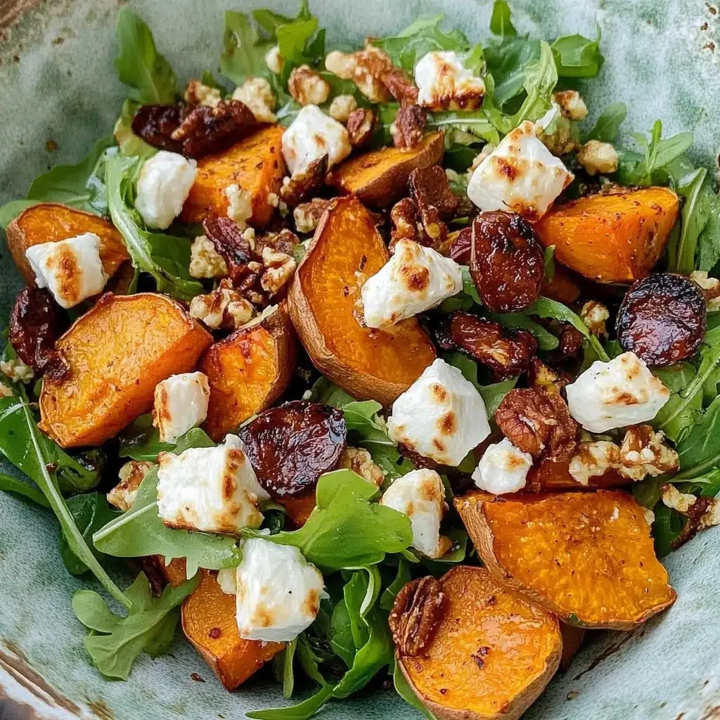 Roasted Sweet Potato Goat Cheese Salad topped with seasonal ingredients