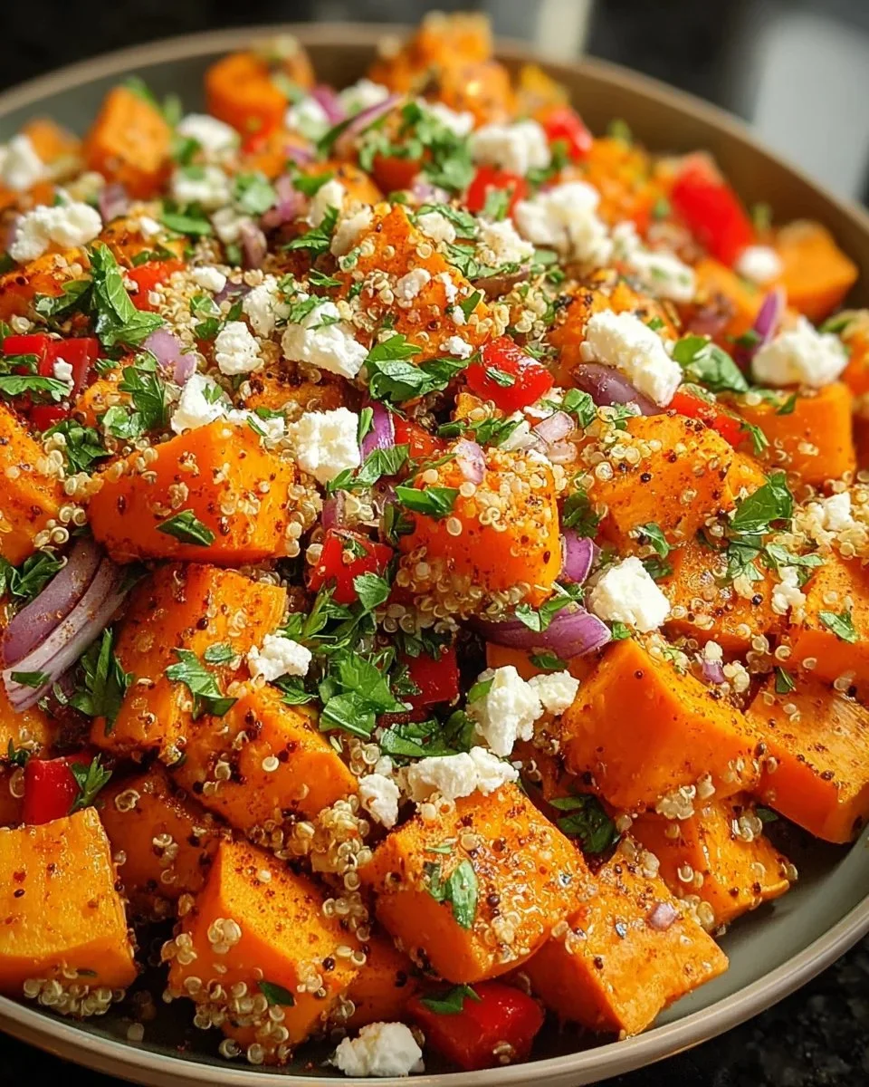 Roasted sweet potato salad with fresh vegetables and dressing