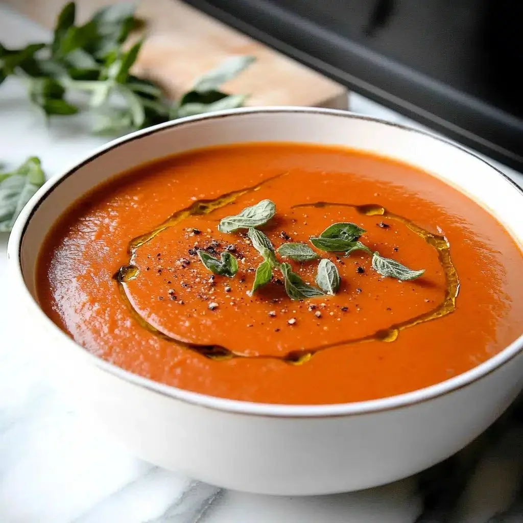 Bowl of roasted tomato and red pepper soup garnished with fresh herbs