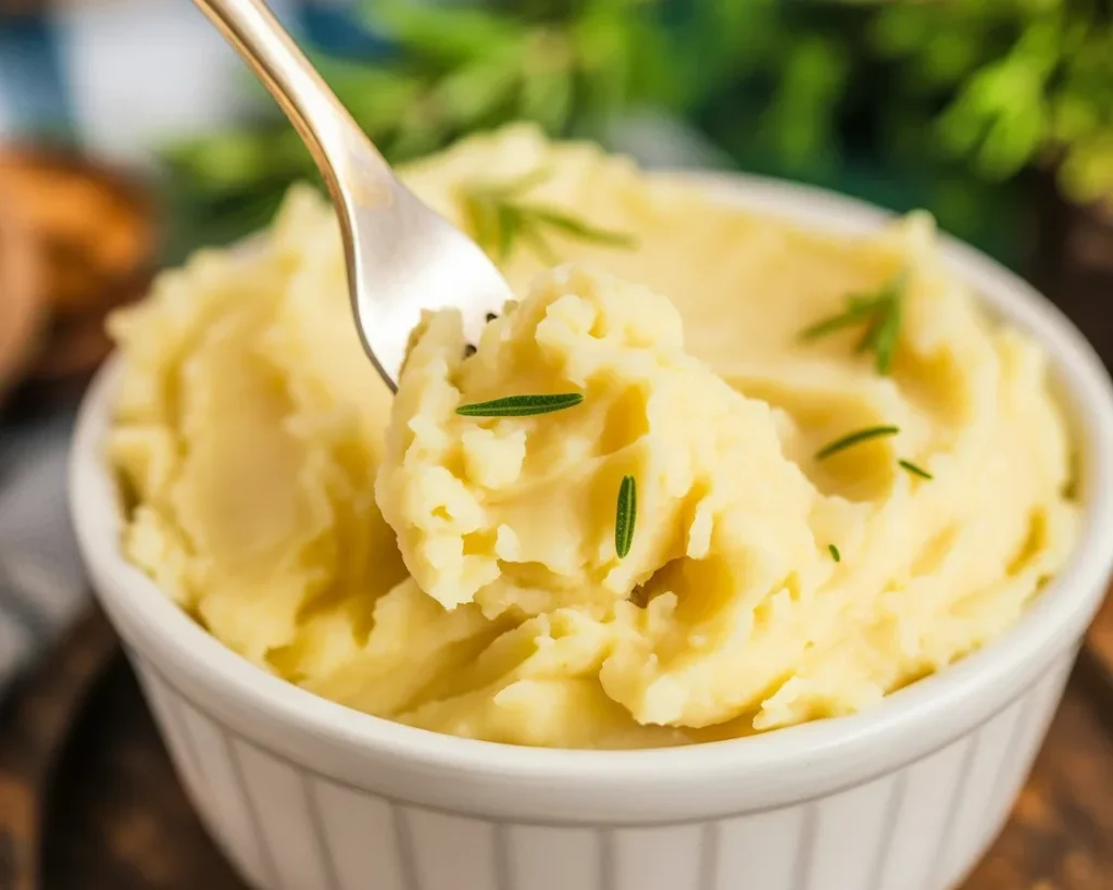 Creamy rosemary garlic mashed potatoes with roasted garlic and herbs served in a bowl.