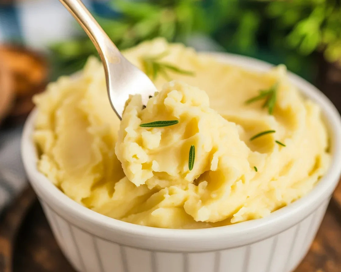 Creamy rosemary garlic mashed potatoes with roasted garlic and herbs served in a bowl.