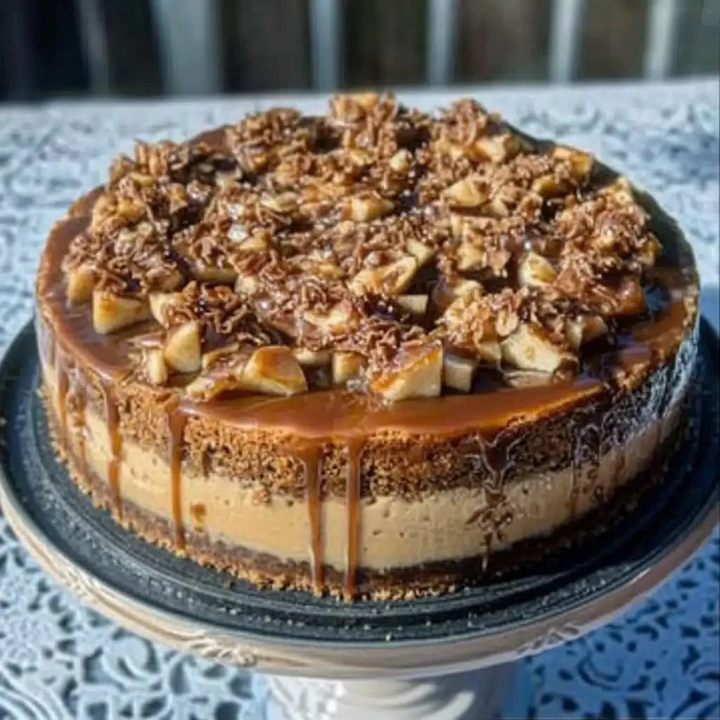 Salted Caramel Apple Pie Cheesecake topped with caramel and apple slices