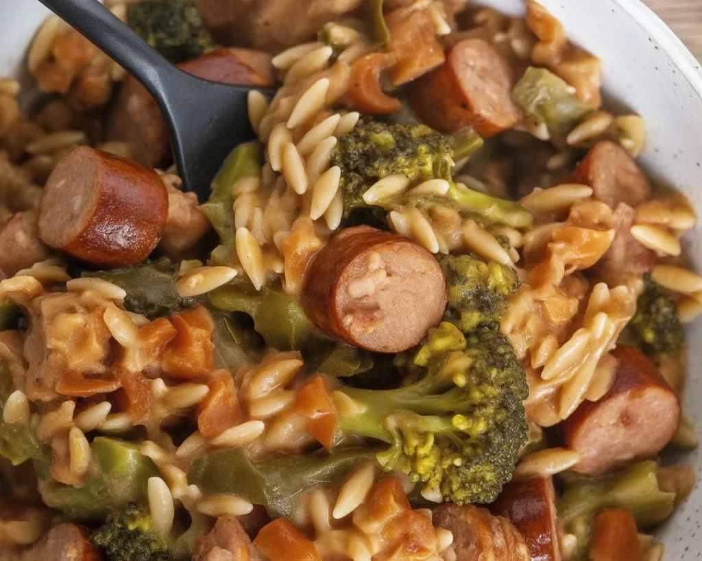 Delicious Chicken Sausage and Broccoli Orzo skillet topped with parmesan.