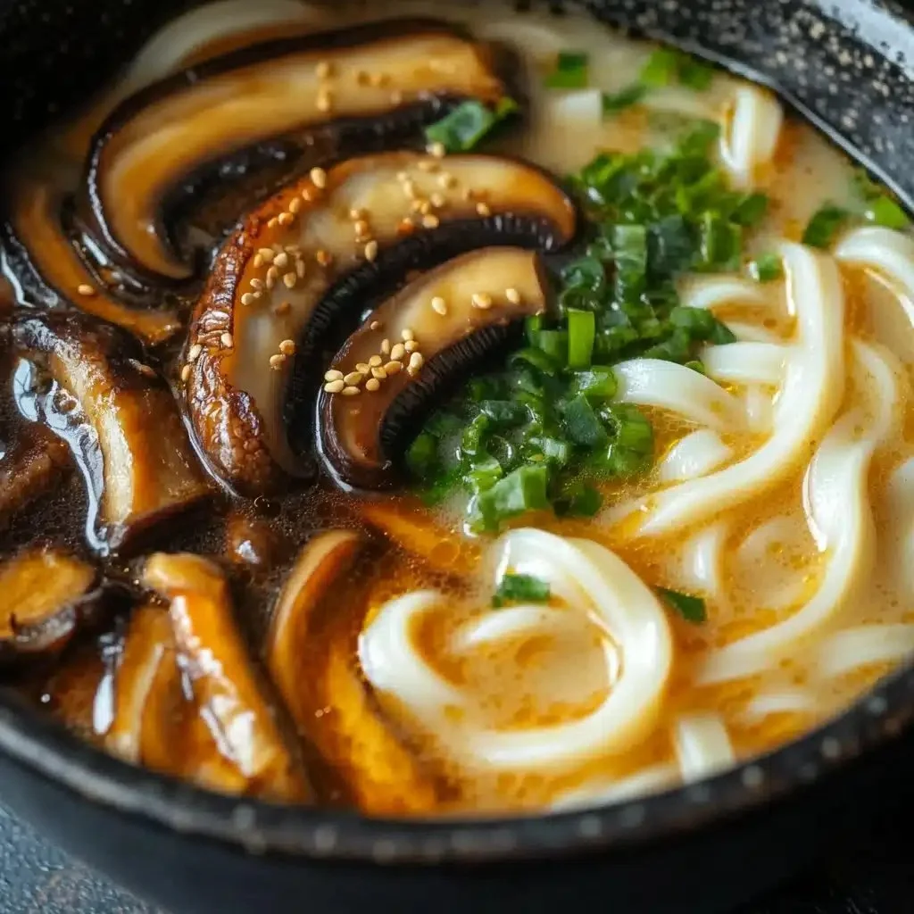 Bowl of satisfying miso udon soup topped with teriyaki mushrooms and herbs.