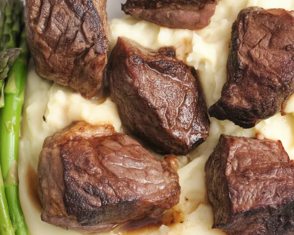 Garlic Butter Steak Bites served with a creamy Parmesan sauce on a plate.
