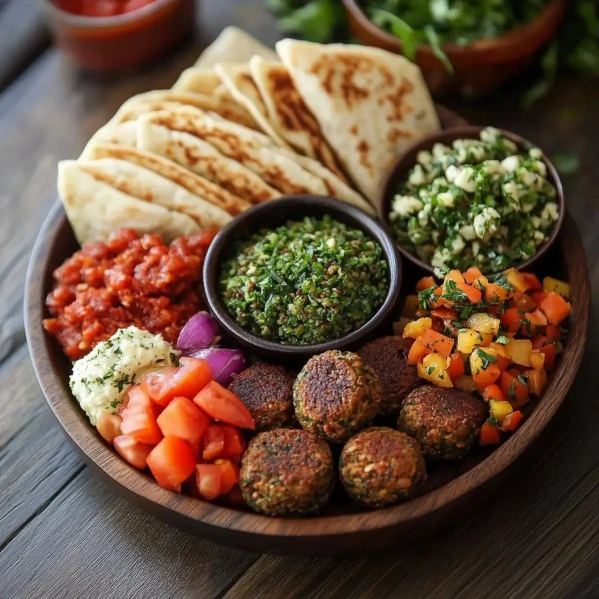 Delicious vegan falafel platter with hummus, salad, and pita bread.