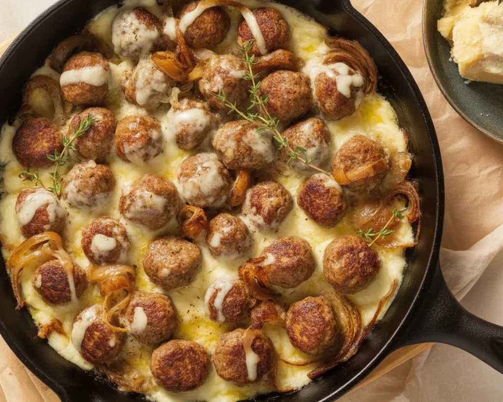 Cheesy French Onion Meatballs baked in caramelized onion sauce with melted Gruyère cheese.