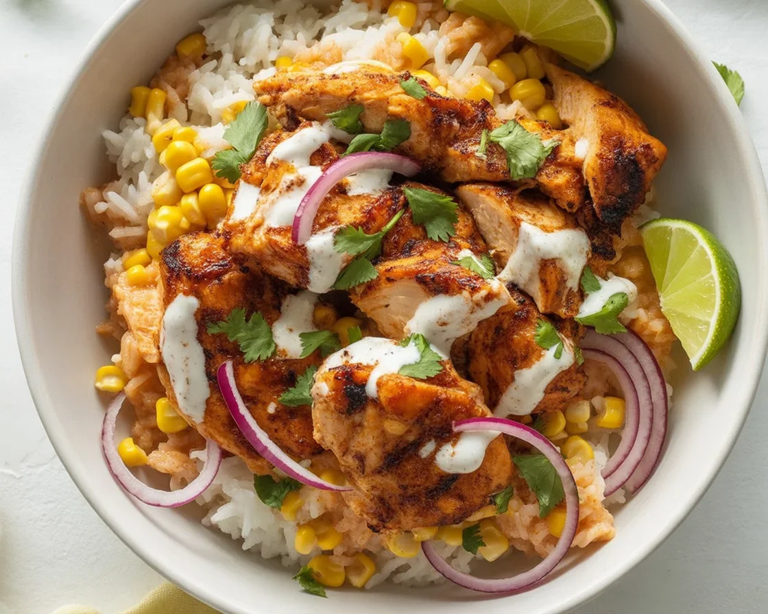 Delicious Mexican Street Corn Chicken Rice Bowl with juicy chicken and creamy street corn.