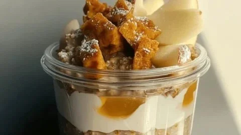 Delicious apple pie overnight oats topped with fresh apples and cinnamon