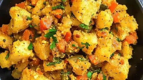 Deliciously prepared savory Bread Upma served in a bowl with spices and vegetables.