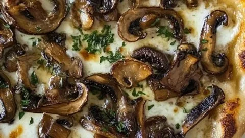 Savory caramelized wild mushroom pizza with fresh herbs and cheese