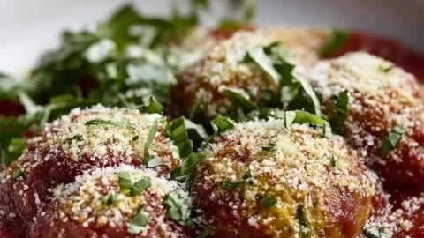 Plate of savory Chicken Parmesan Meatballs with marinara sauce and parmesan cheese