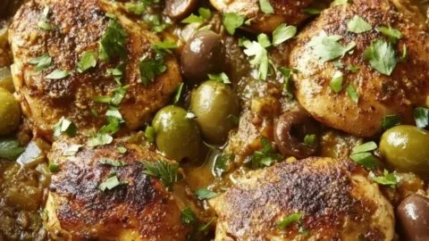 Savory chicken tagine cooked with fresh olives and aromatic spices